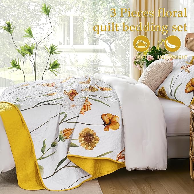 WONGS BEDDING Yellow Quilt Set King Size, Colorful Floral Quilt Set - Image 4