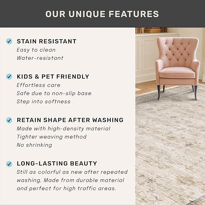 Farmhouse Rugs for Living Room 7x10, Low Pile Soft Retor Foldable Area Rug for - Image 5