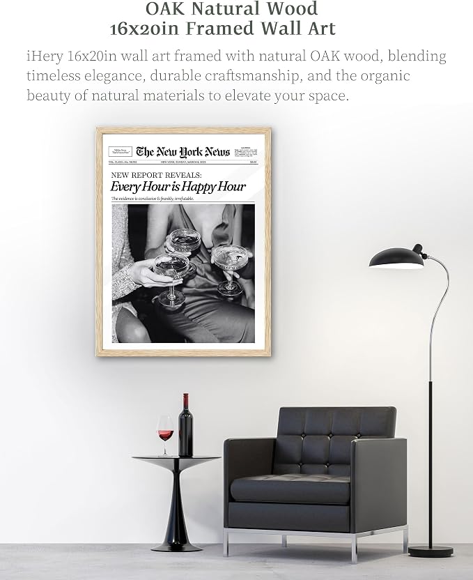 iHery 16x20in Every Hour Is Happy Hour Framed Newspaper Wall Art | Natural OAK - Image 4