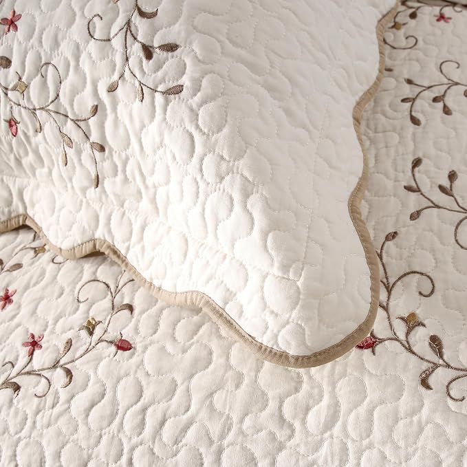 Quilt Set King Floral Leaves 3D Embroidery Pattern 3-Piece Cotton Blend | - Image 7