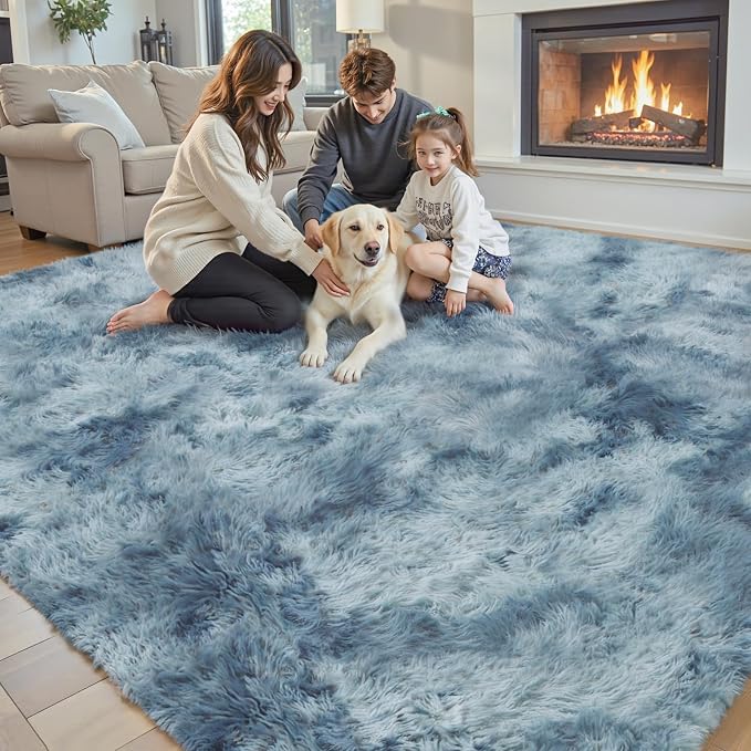 8x10 Area Rugs for Living Room, Dark Blue Tie-Dyed Large Soft Shaggy Carpet | - Image 4