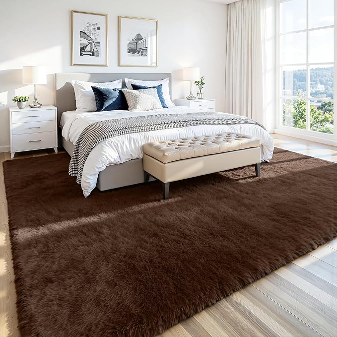 9x12 Fluffy Area Rug for Living Room: Soft Non-Slip Brown Bedroom Carpet | - Image 3