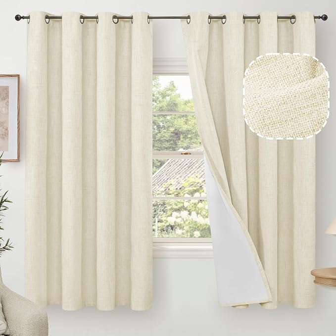 Cream Linen Blackout Curtains 63 Inch Long Each 60 Wide 2 Panels | Thermal by Lajode