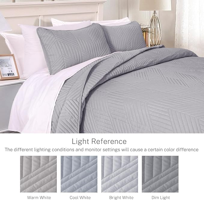 Exclusivo Mezcla Ultrasonic Full Queen Quilt Bedding Set, Light Grey | - Image 3