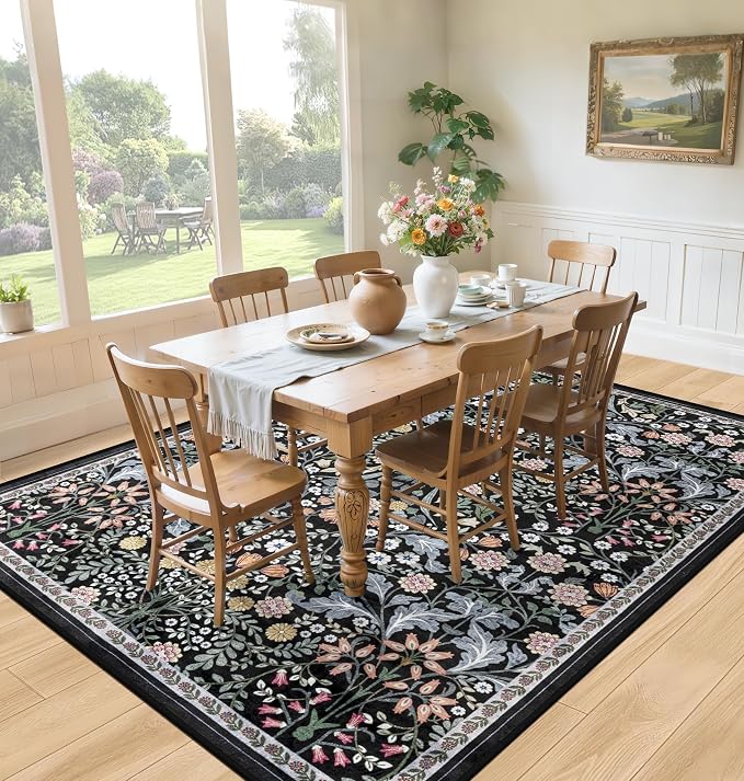 PLHXFR 8x10 Area Rug Living Room: Floral Washable Boho Carpet Dark Black | - Image 4