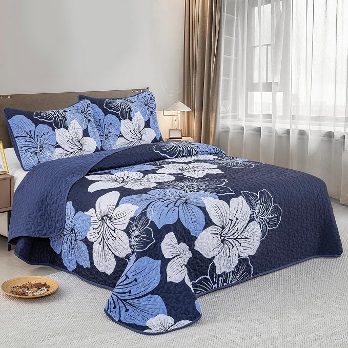 DJY 3 Pieces Quilt Set King Navy Blue Floral Pattern Quilt Coverlet Set - Image 2