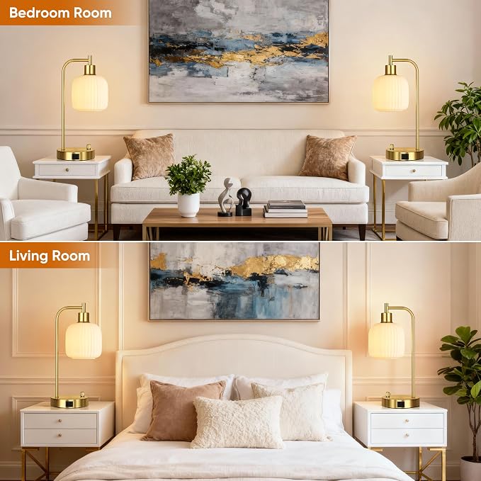 Cream Glass Table Lamps Set of 2, Dimmable Bedside Lamps - Image 7