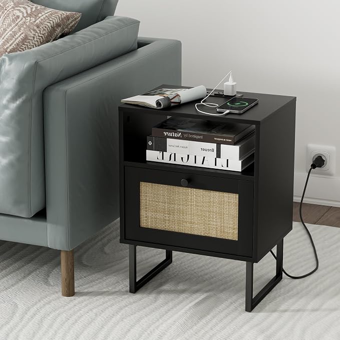 Masupu Rattan Nightstand with Charging Station, Modern Boho Farmhouse Wood - Image 5