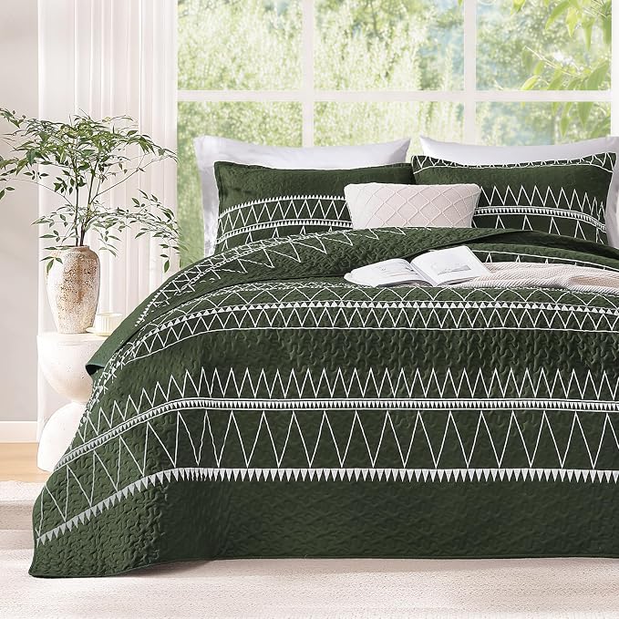 Green King Size Quilt Set, 3 Pieces Boho Striped Bedspread | Soft Lightweight - Image 2