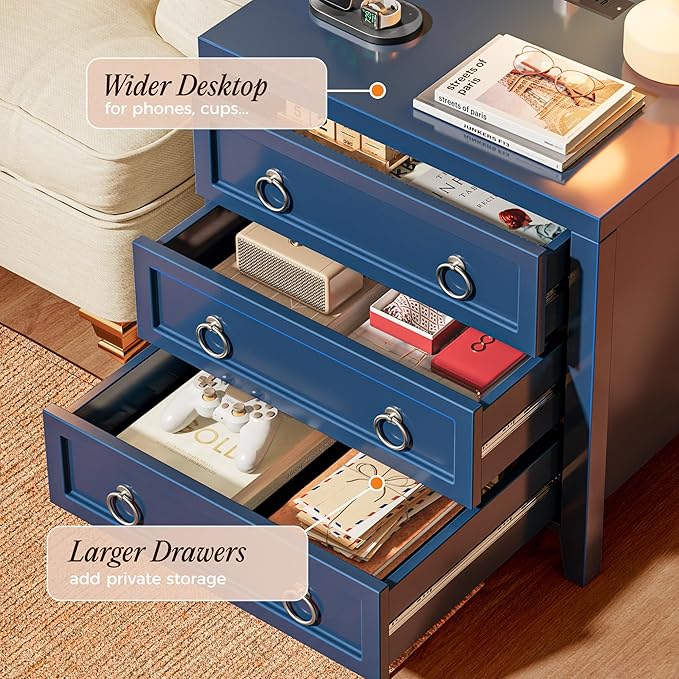 Huuger Paint Night Stand with Charger Station, 3 Drawer Nightstand Set of 2 | - Image 5