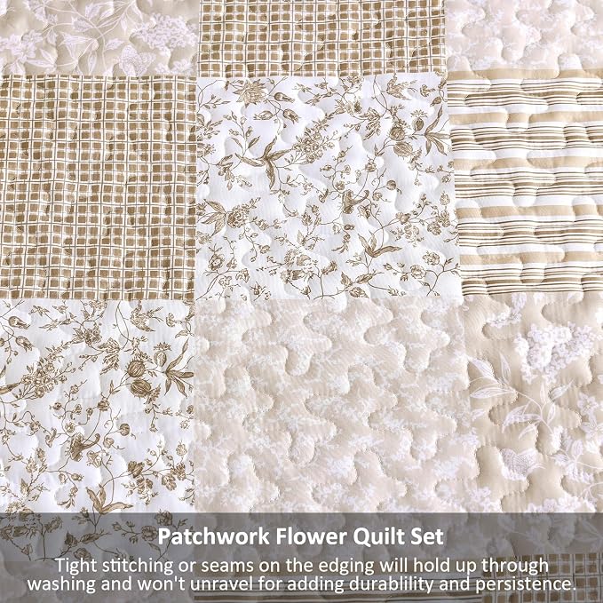Mybedsoul Beige Boho Quilt Set Full Size, 3 Pieces Plaid Floral Bedspread Set - Image 6