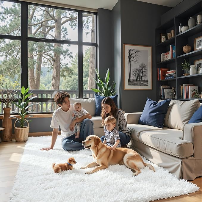 5x8 White Shag Area Rug for Living Room, Fluffy Plush Carpet | Non-Slip Large - Image 3