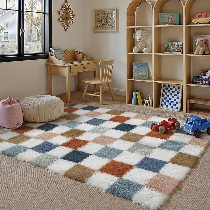 Checkered Area Rug 3x5 for Kids Room Soft Fluffy Shag Carpet | Machine Washable by PureCozy
