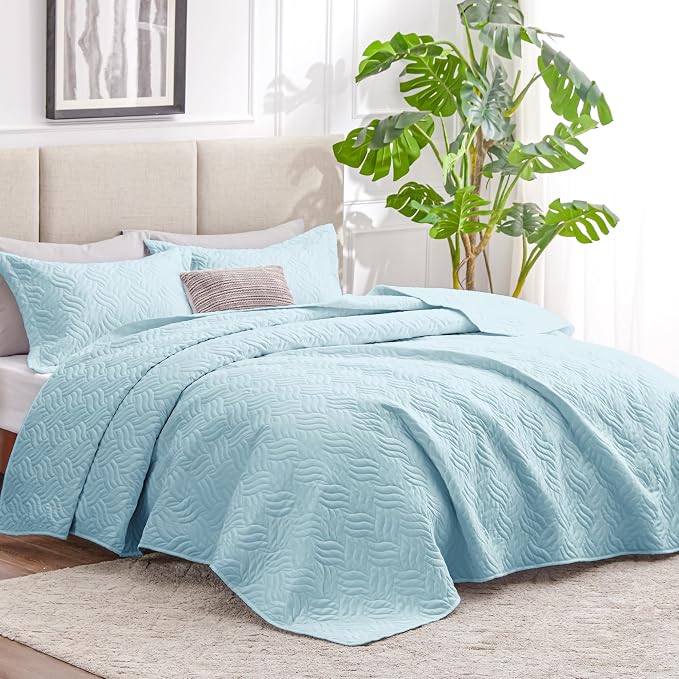 Love's cabin King Size Quilt Set Light Blue Bedspreads - Image 2