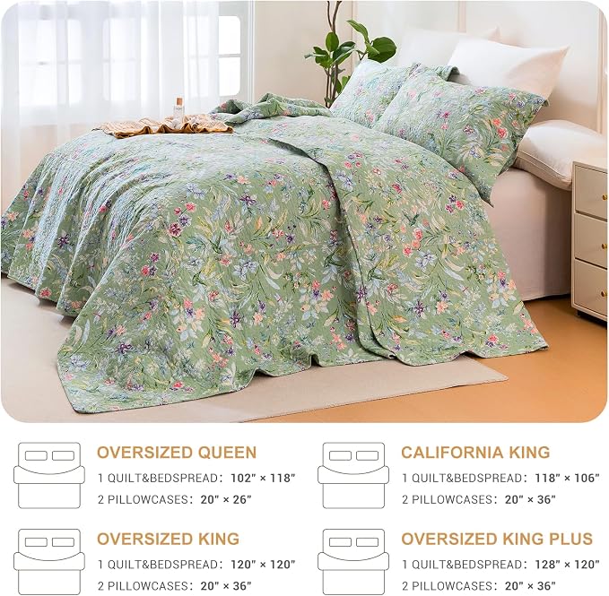 QSH 100% Cotton Quilt Oversized King Set-3Pcs Green Floral Quilt California - Image 4