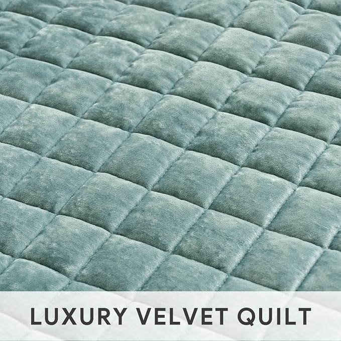 RECYCO Channel Box Stitch Velvet Quilt Set, Twin/Twin XL Size, Aqua Green | - Image 4