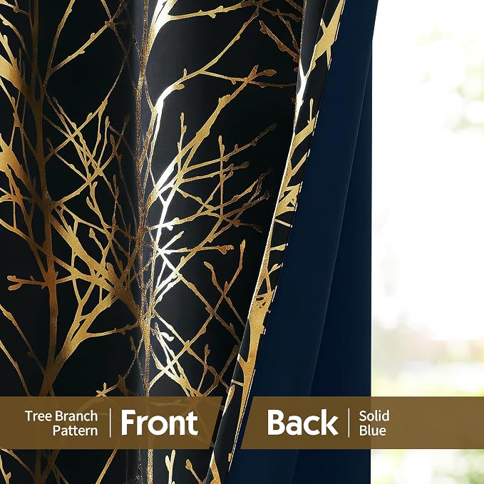 FMFUNCTEX 100% Blackout Black Gold Foil Tree Curtains 84 Inch 2 Panels | - Image 6