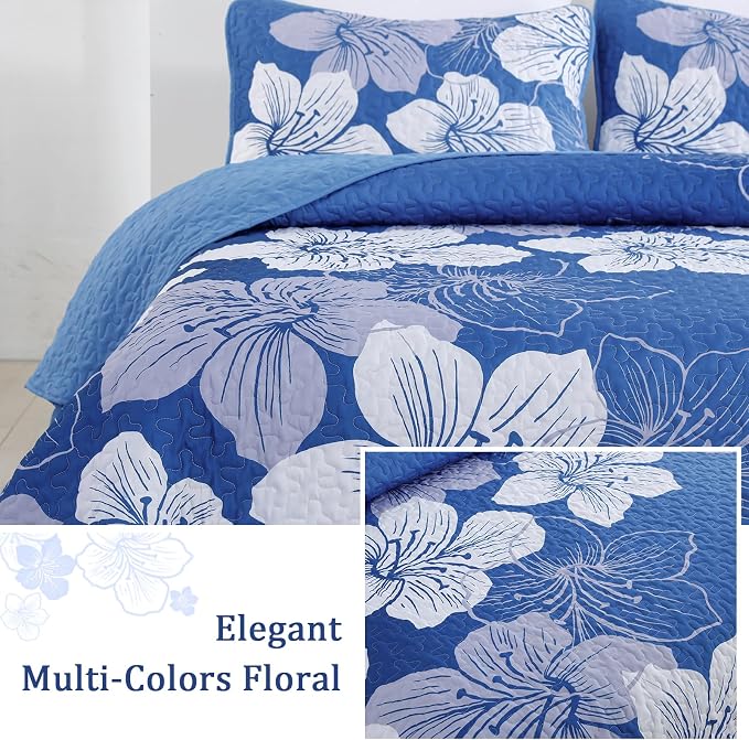 DJY Blue Quilt Set Queen 3 Pieces Botanical Floral Quilt Summer Bedding Set - Image 3