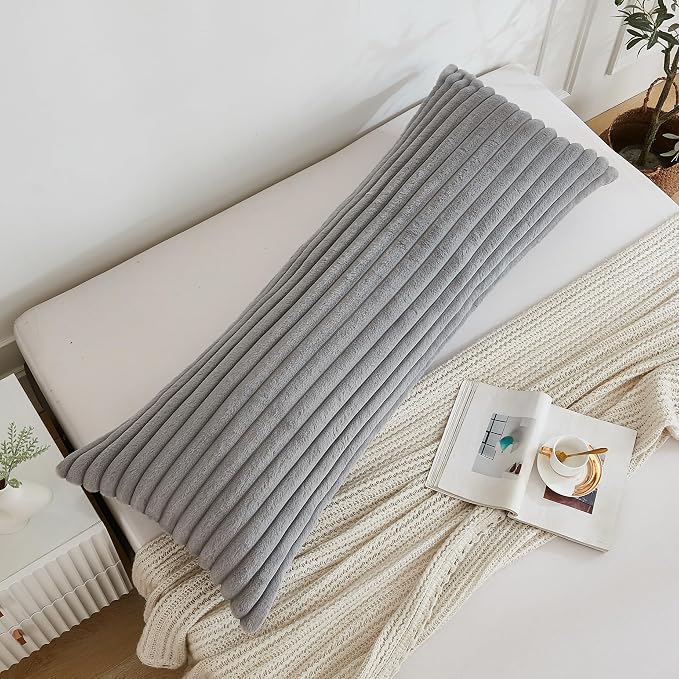 Full Body Pillow with Fluffy Stripe Faux Fur Removable Cover, Long Bed Pillow - Image 3