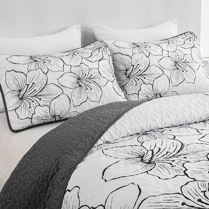 DJY White Quilt Set Queen 3 Pieces Floral Bedding Quilt Set Soft Botanical - Image 5