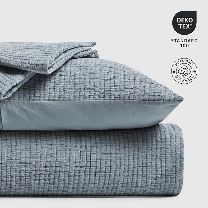 EVERGRACEHOME Cotton Gauze Matelassé Coverlet, Queen Size, Dusty Blue | Ultra - Image 8