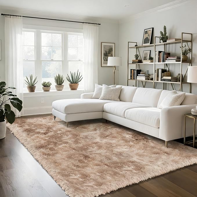Mottled Beige 8x10 Area Rugs for Living Room, Fluffy Shag Rug Large Carpet | - Image 3
