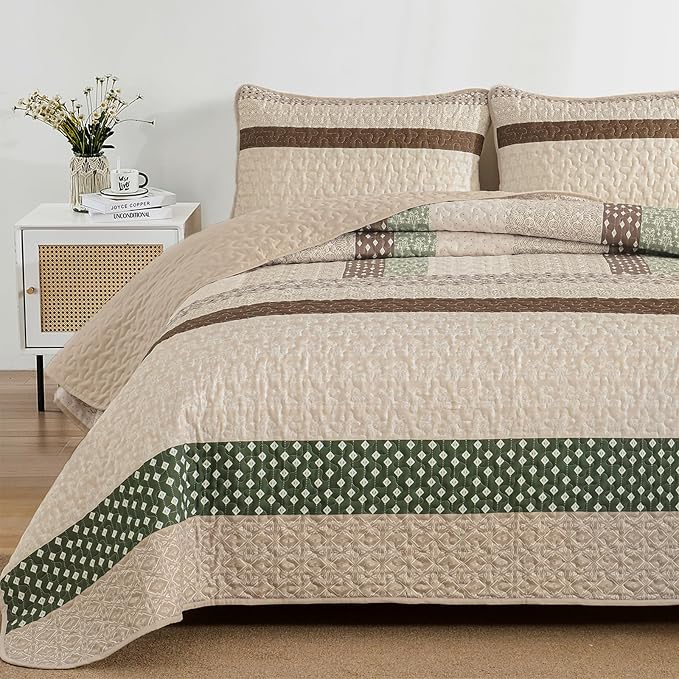 WONGS BEDDING Khaki Quilt Queen Size, Soft Stripe Bedspreads | Reversible - Image 3