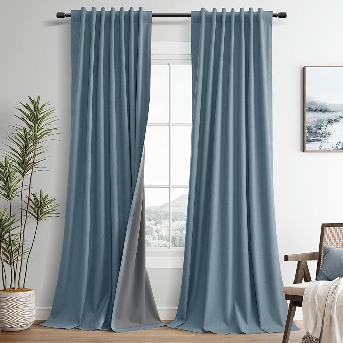 Blue Linen 100% Blackout Curtains 108 Inches Long 2 Panels Set Country by Guken