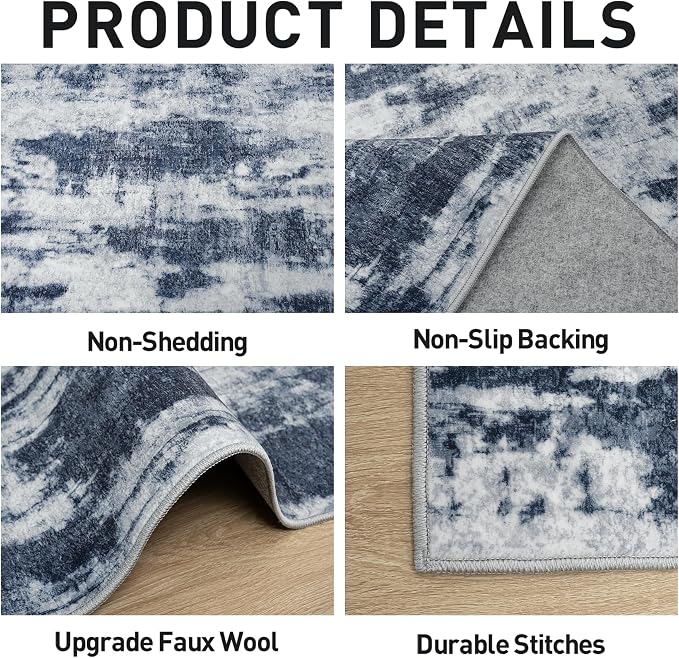 10x14 Area Rugs for Living Room: Washable Abstract Blue Grey Badroom Carpet | - Image 5