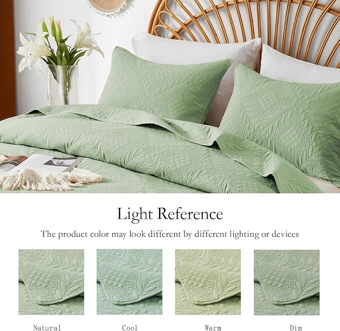 FLYMME Twin Quilt Set, Sage Green Lightweight Bedspreads, Vintage Olive Leaf - Image 4