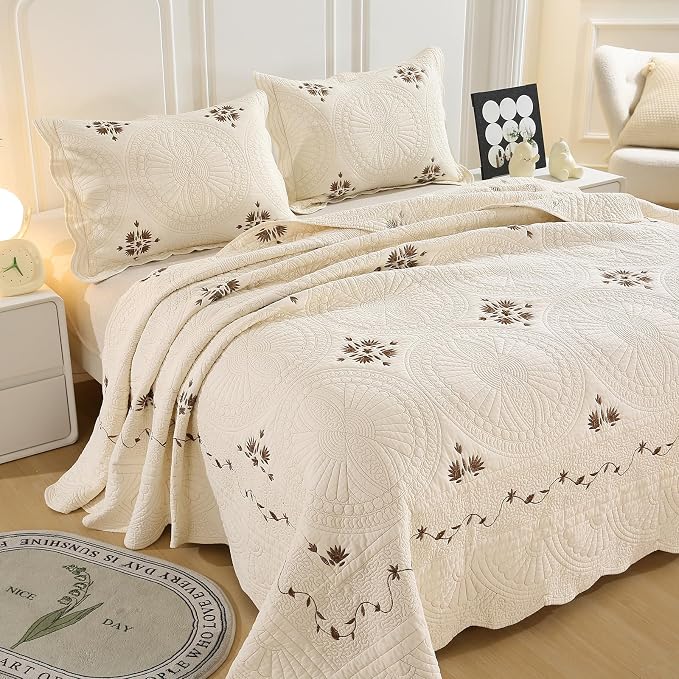 ROOMLIFE Quilt Set Floral Leaves 3D Embroidery Pattern 3 PCS 100% Cotton - Image 8