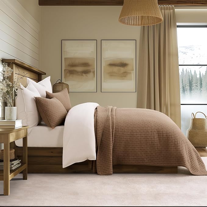 100% Cotton Cross Stitch 3-Piece Quilt Set, Camel Brown | 100% Cotton, Elegant - Image 5