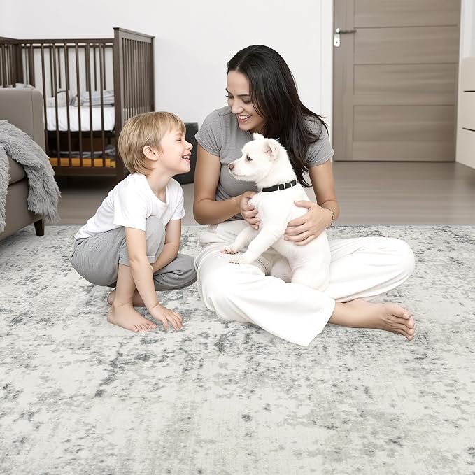Round Area Rug Living Room: 6 ft Modern Washable Carpet Gray | - Image 2