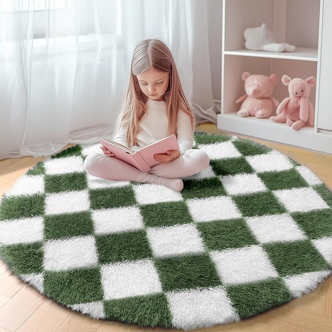 KICMOR Round Rugs 5ft Olive Green and White Circle Area Rug, Fluffy Soft Fuzzy by KICMOR