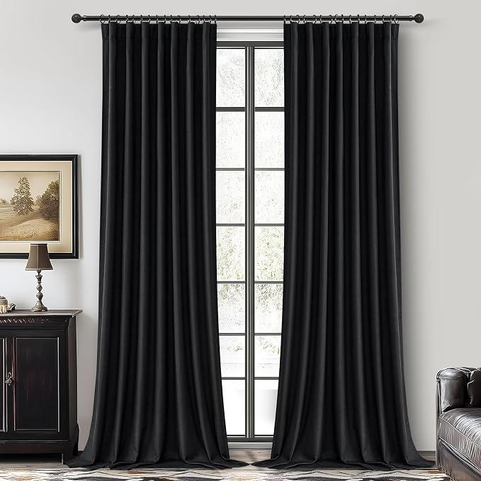 QJmydeco Black Boho Pleated Linen Curtains 105 Inch Floor to Ceiling by QJMYDECO
