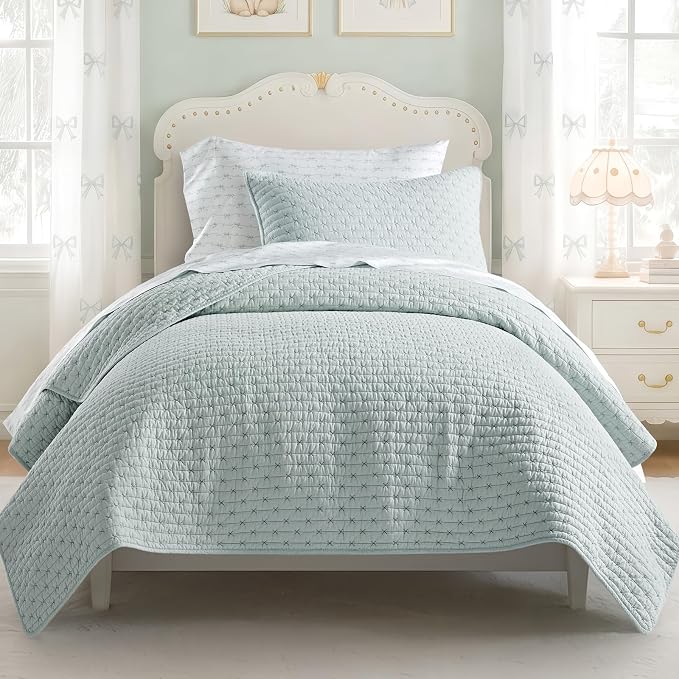 100% Cotton Cross Stitch Quilt Set, Seafoam Aqua | 100% Cotton, Elegant Cross by EVERGRACEHOME