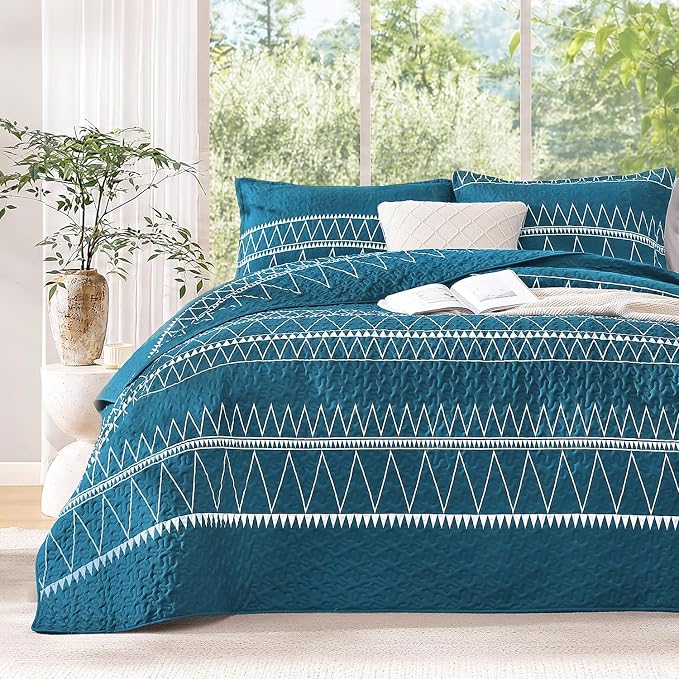 Teal King Size Quilt Set, 3 Pieces Boho Striped Bedspread | Soft Lightweight - Image 2