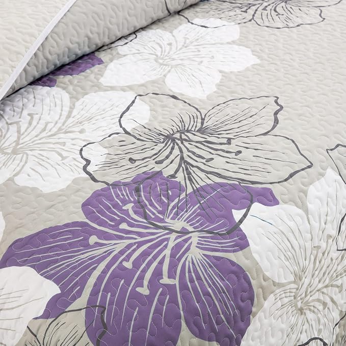 DJY 3 Pieces Quilt Set California King Purple Floral Pattern Quilt Coverlet Set - Image 4