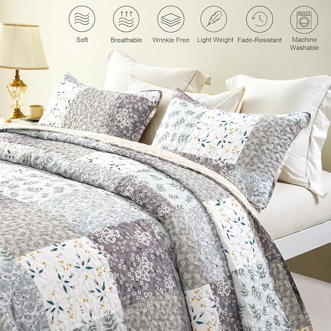Whale Flotilla California King Size Quilt Set, Extra Soft Floral Bedspreads | - Image 7