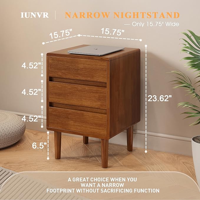 Nightstand with 3 Drawers Narrow Night Stand Solid Wood Bedside Table Mid - Image 2