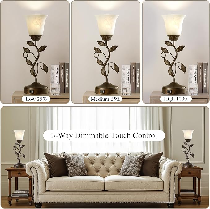 Set of 2 Touch Farmhouse Bedroom Table Lamps 2 USB C+A | Nightstand Vintage - Image 3