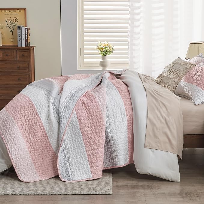 California King Quilt Set Pink, 3 Pieces Bedspreads | Ultra Soft Lightweight - Image 2