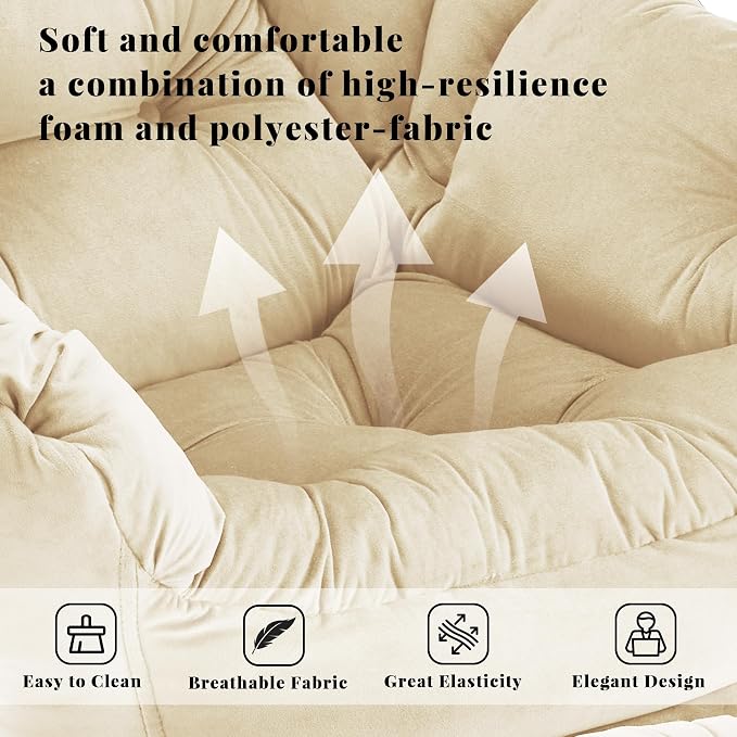 Lazy Chair with Ottoman, Comfy Reading Chair, Khaki | Cushioned Seat with - Image 3