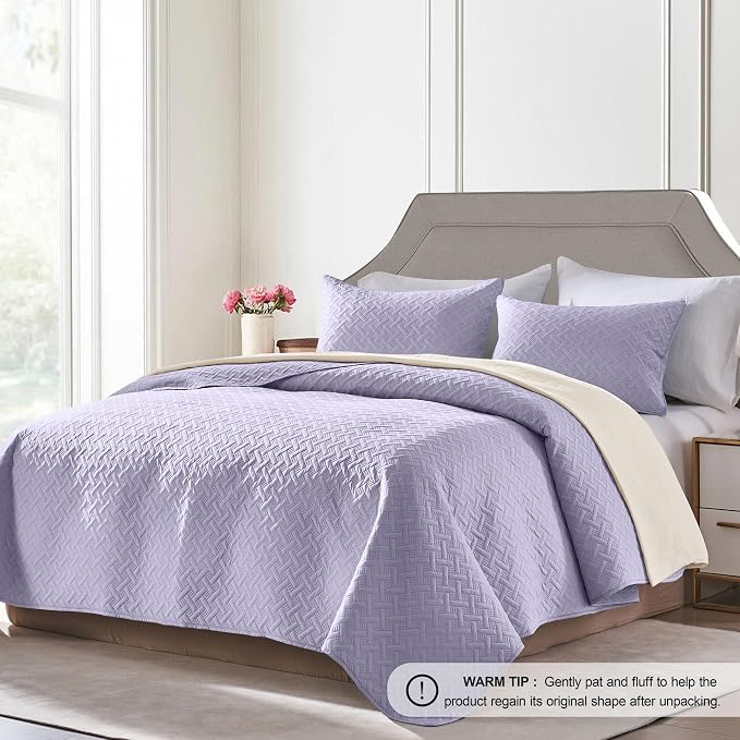 FLYMME Quilts King Size, Lightweight Lavender Bedspreads, Basket Weave Pattern - Image 2