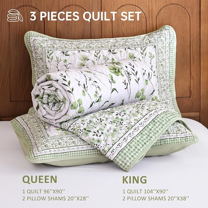 WONGS BEDDING Floral Quilts Set Queen, Sage Green Bedspread Coverlet Set | - Image 7