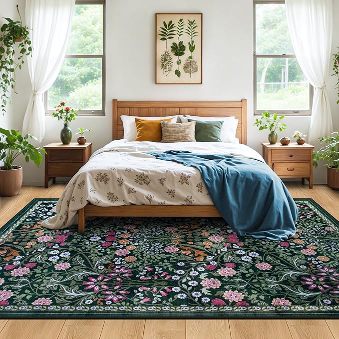 PLHXFR 6x9 Area Rug Living Room: Floral Washable Boho Carpet Dark Green | - Image 3