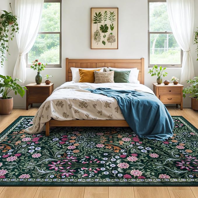 PLHXFR Area Rug 10x14 Living Room: Floral Washable Boho Carpet Dark Green | - Image 3