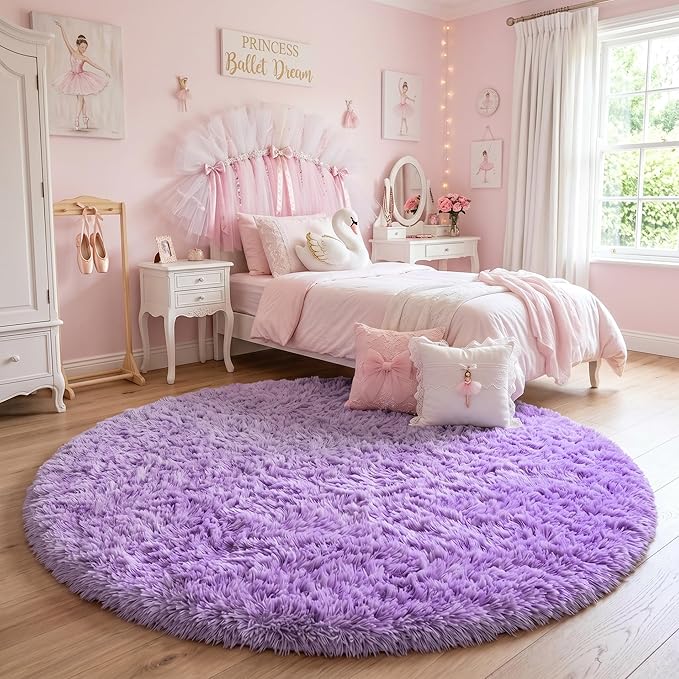 Amdrebio Purple Furry Big Round Kids Rug 6Ft - Image 3