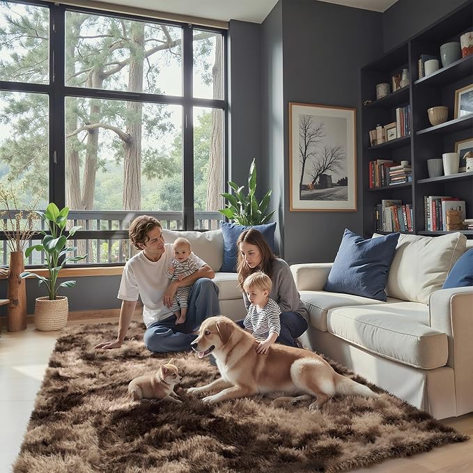 4x6 Area Rugs for Bedroom, Dark Coffee Tie-Dyed Fluffy Shag Bedside Rugs | by Junhejiamei