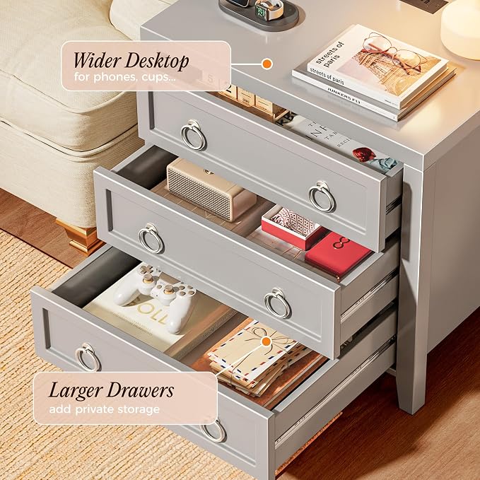Huuger Paint Night Stand with Charger Station, 3 Drawer Nightstand Set of 2 | - Image 5